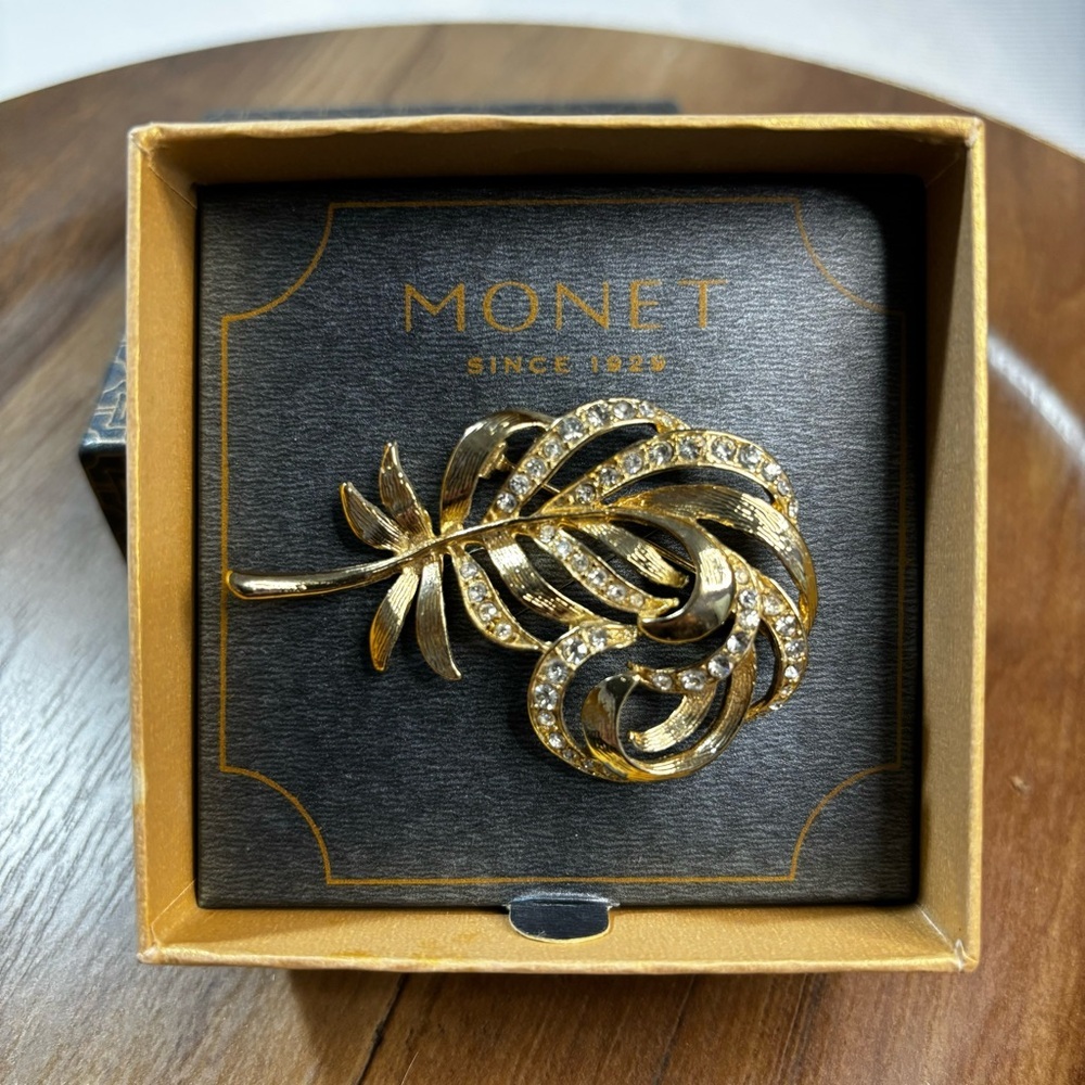 Monet Gold Tone Rhinestone Brooch Pin